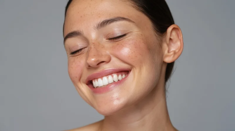 Closeup of a smiling woman with freckles and radiant skin against a gray background