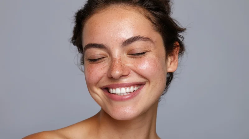 Closeup of a smiling woman with freckles and glowing skin against a gray background