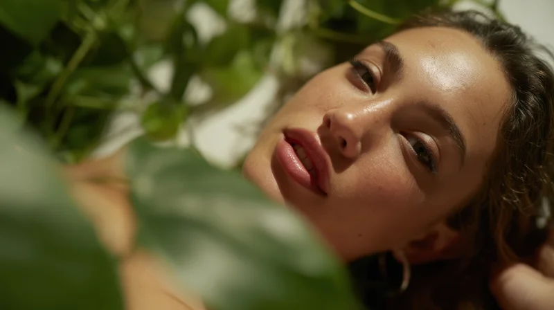 Closeup of a woman’s face with soft sunlight and green foliage around her