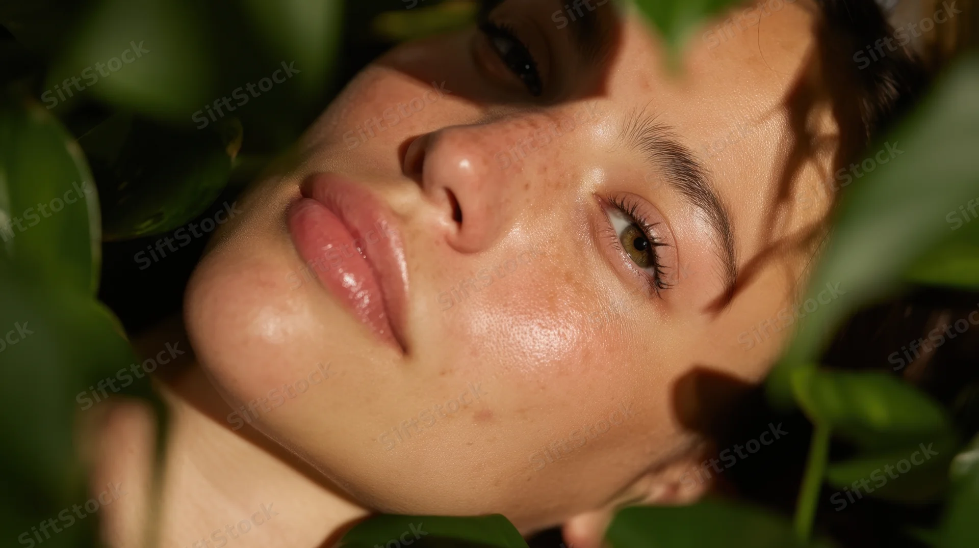 Woman with freckled skin and green leaves framing her face in natural sunlight