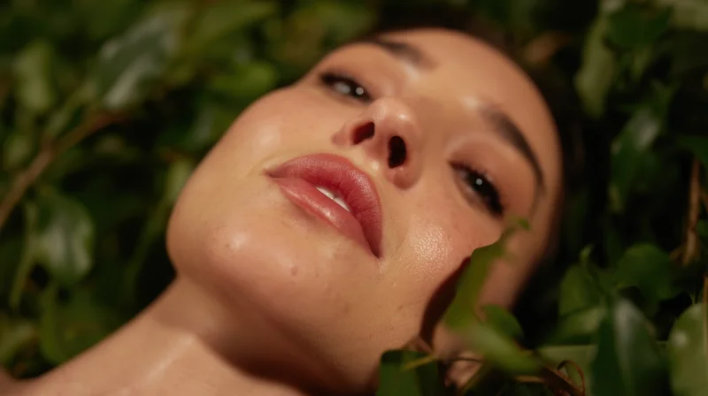 Woman lying among green leaves with soft natural glow on her face