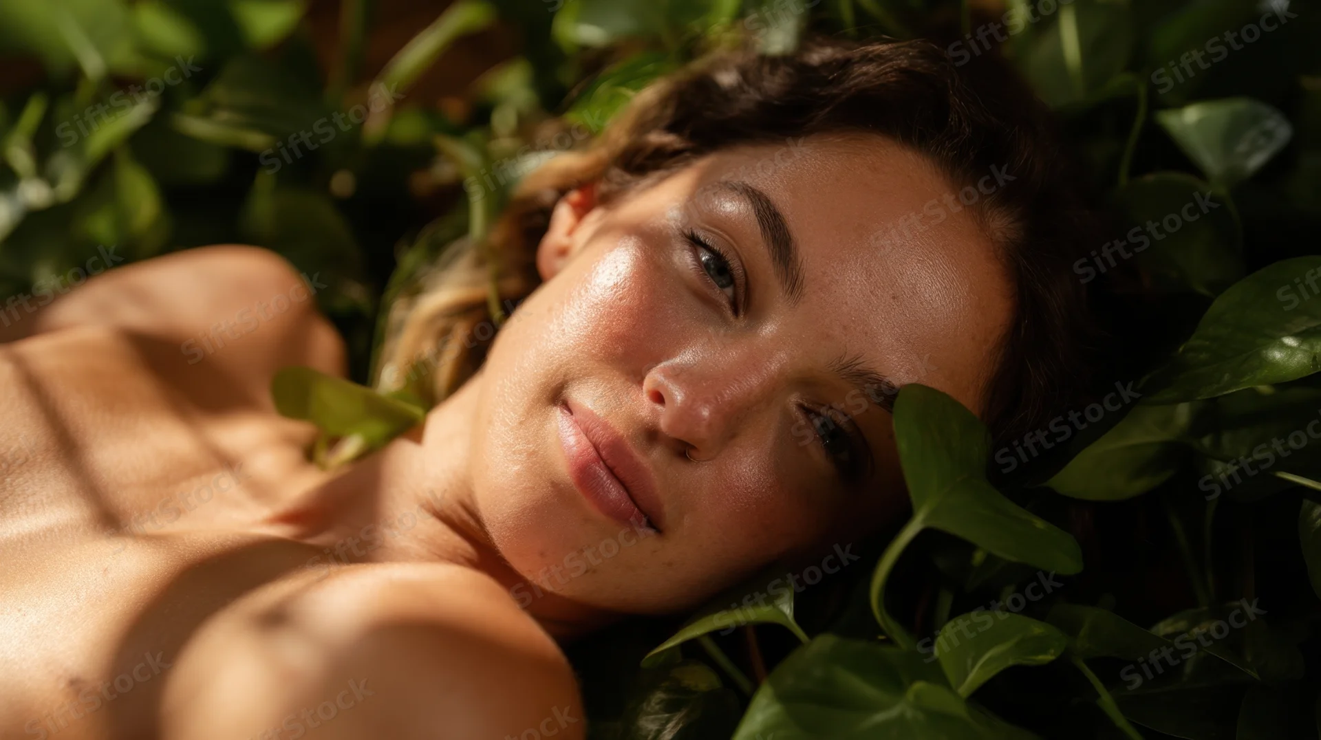 Woman lying among green foliage with sunlight on her skin
