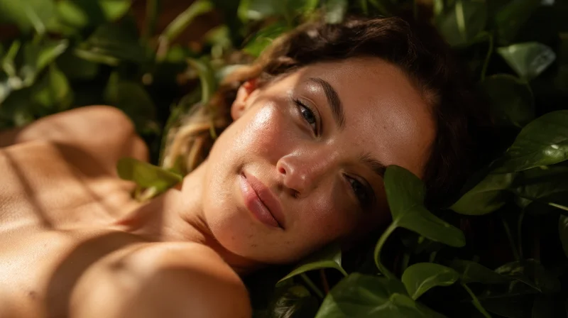 Woman lying among green foliage with sunlight on her skin