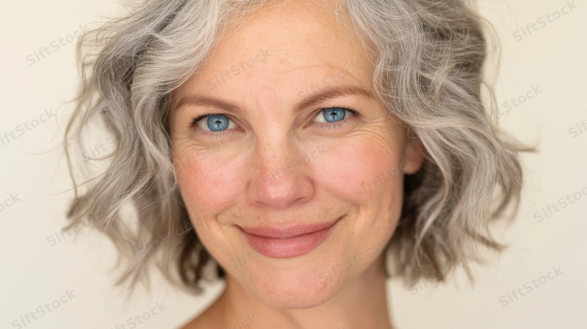 Closeup portrait of a smiling senior woman with gray hair and blue eyes against a white background