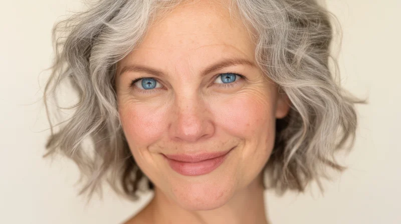Closeup portrait of a smiling senior woman with gray hair and blue eyes against a white background