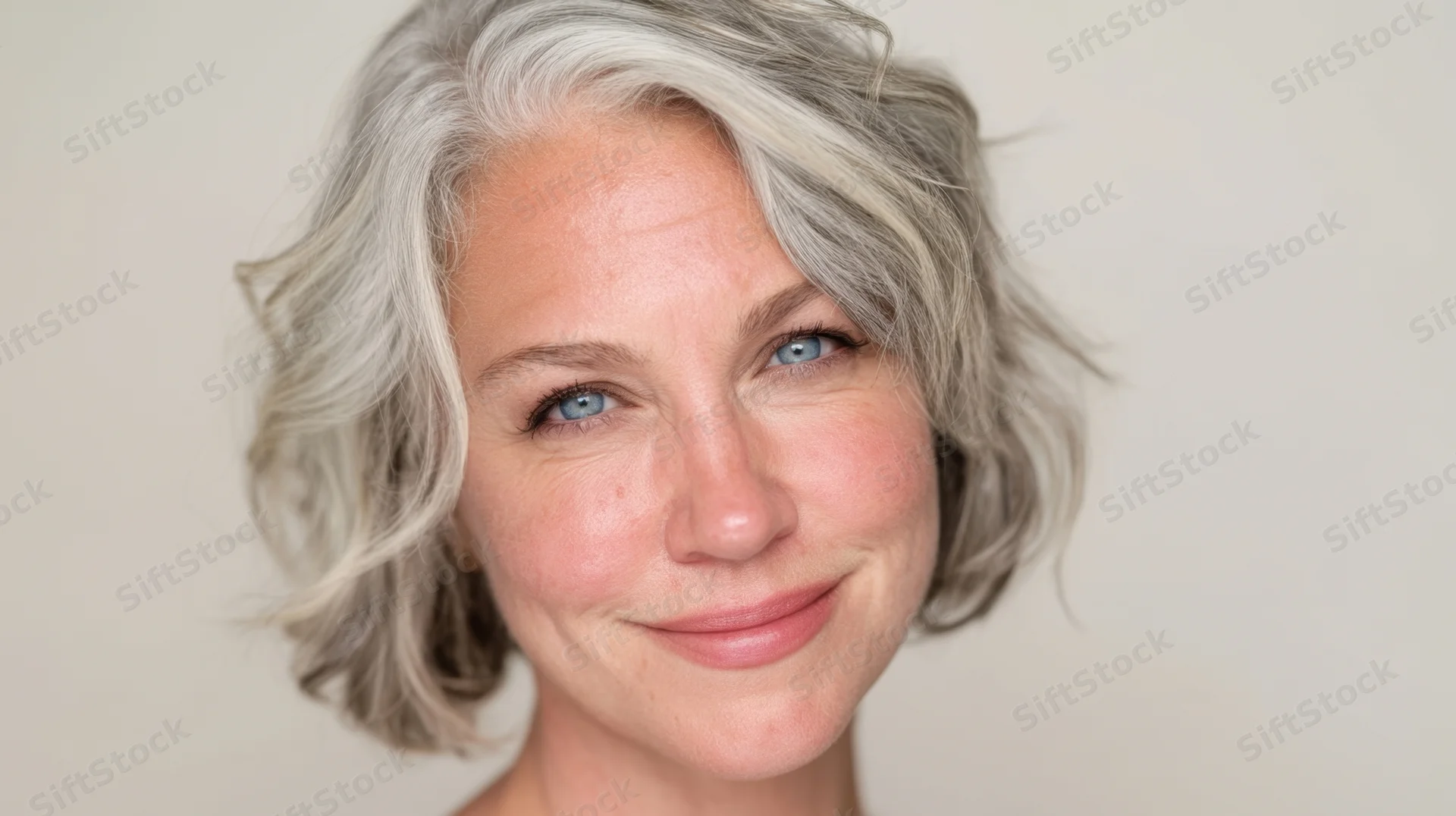 Closeup portrait of a smiling senior woman with short wavy gray hair and blue eyes against a plain light background