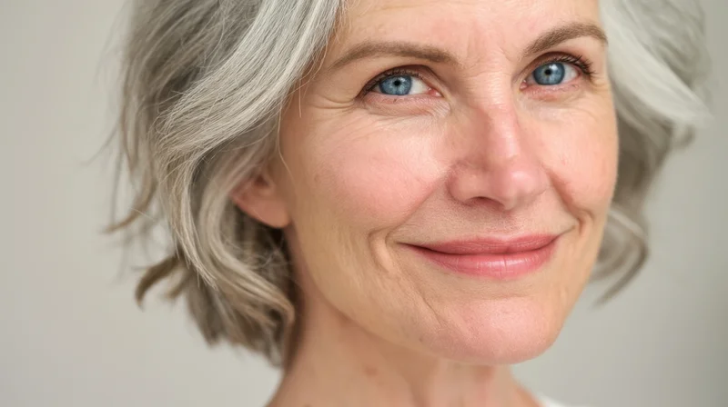 Closeup portrait of a smiling senior woman with gray hair and blue eyes against a light background