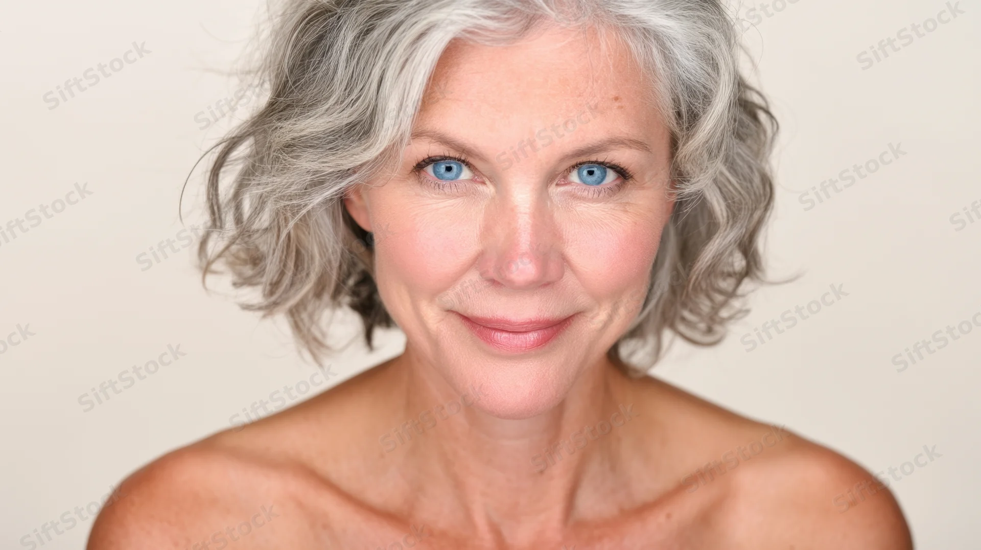 Closeup portrait of a smiling senior woman with gray hair and blue eyes, bare shoulders, studio lighting