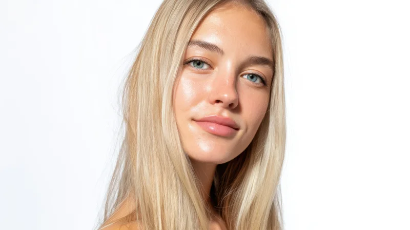 Blonde woman with smooth skin and blue eyes in studio portrait against white background