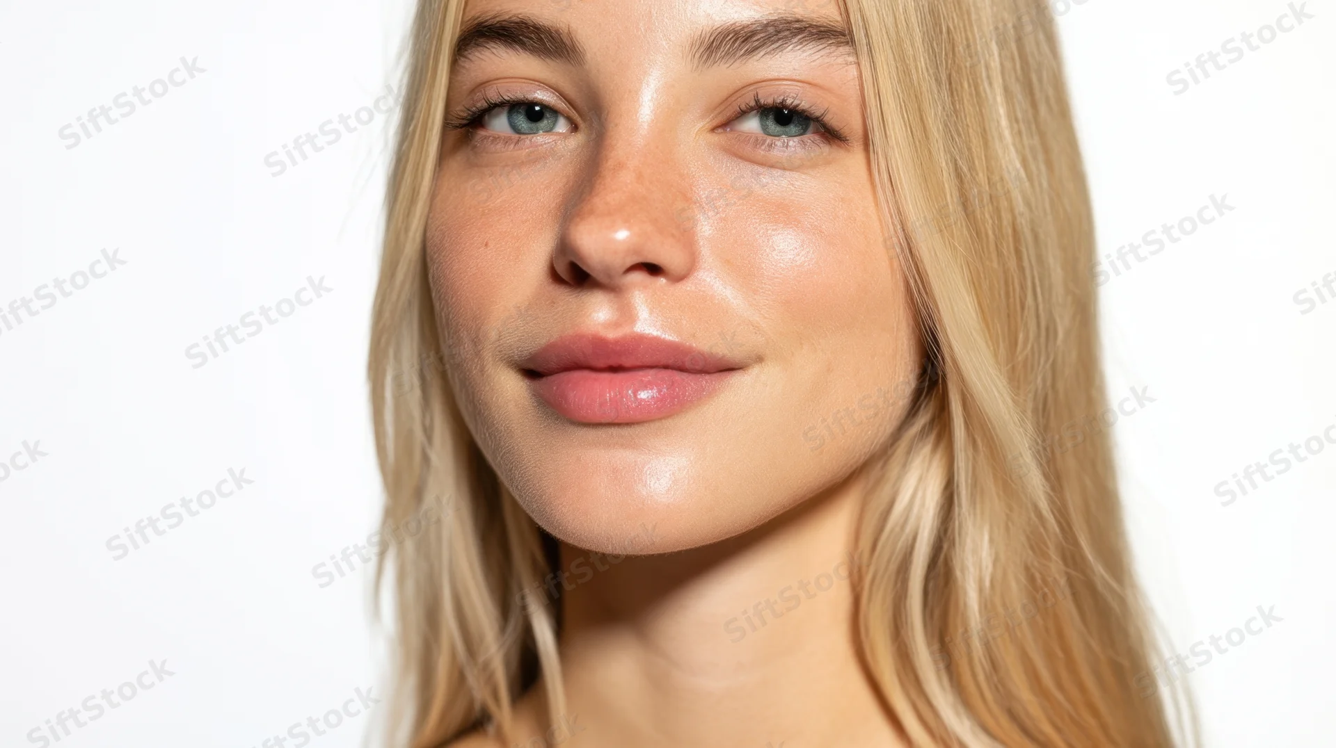 Closeup portrait of a young blonde woman with glowing skin and soft expression against white background