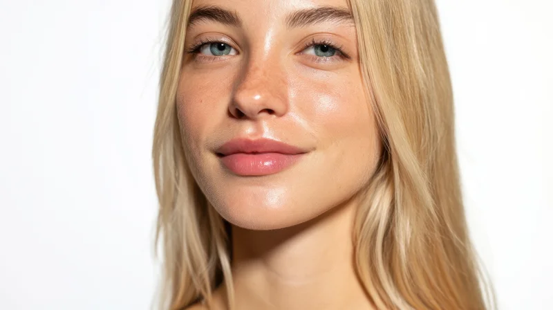 Closeup portrait of a young blonde woman with glowing skin and soft expression against white background