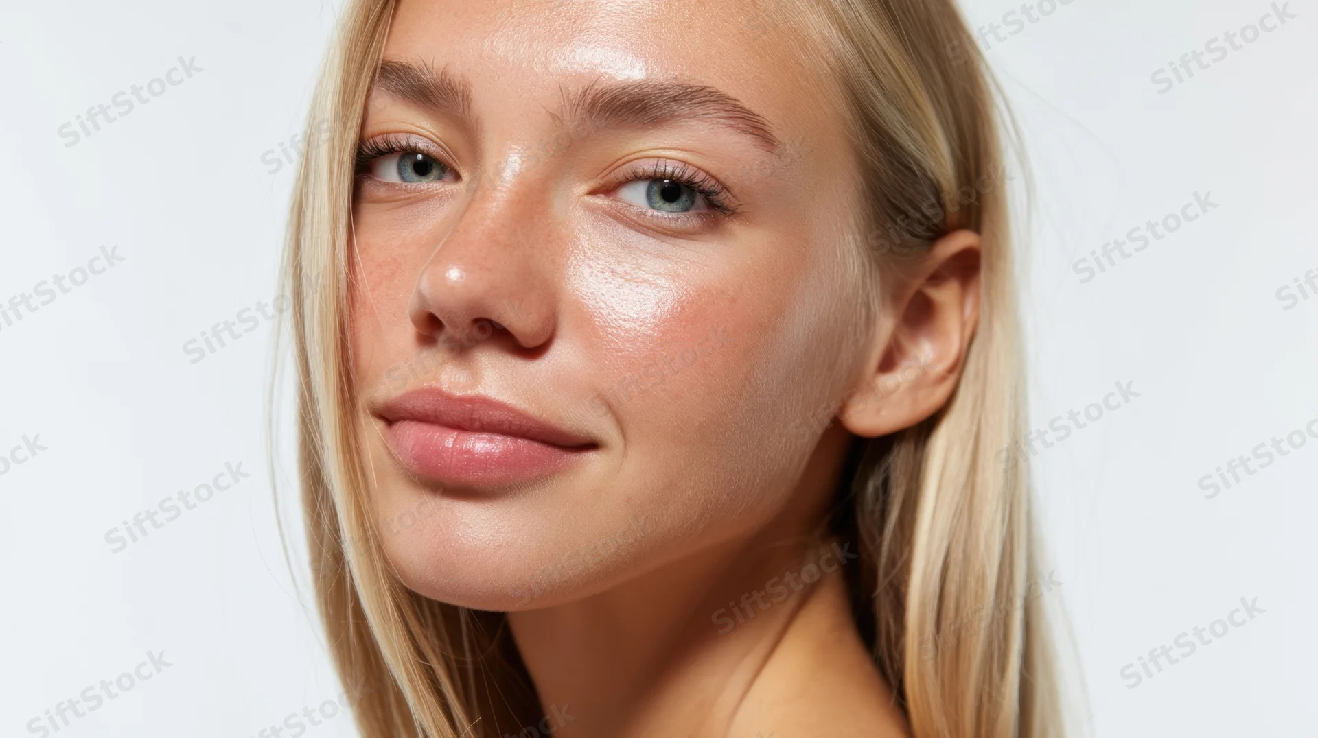 Closeup portrait of a young blonde woman with glowing natural skin against white background