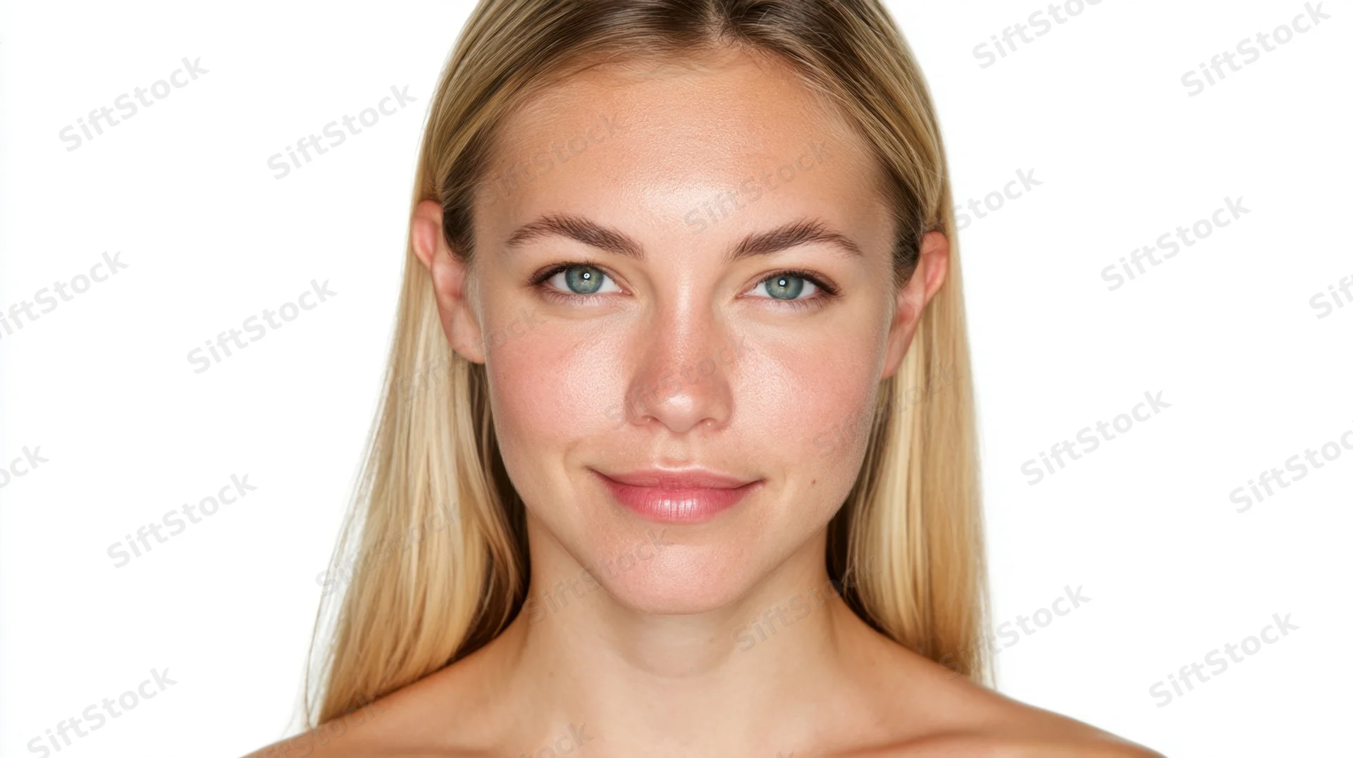 Closeup portrait of a young blonde woman with clear skin and blue eyes against a white background