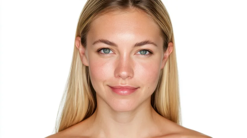 Closeup portrait of a young blonde woman with clear skin and blue eyes against a white background