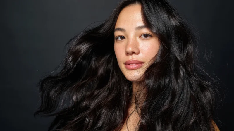 Woman with long flowing black wavy hair in a studio portrait