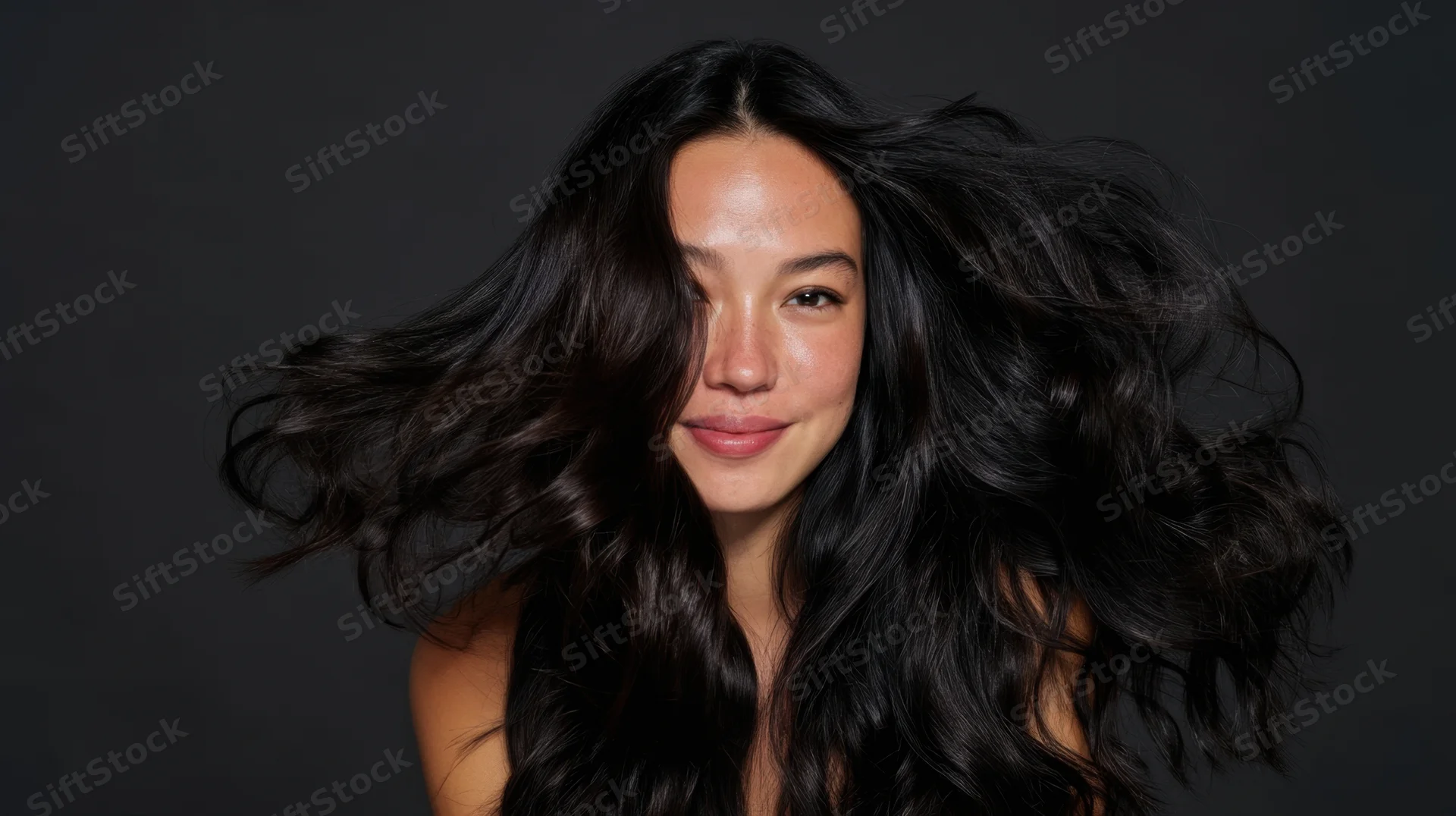 Woman with long flowing black hair smiling in studio portrait