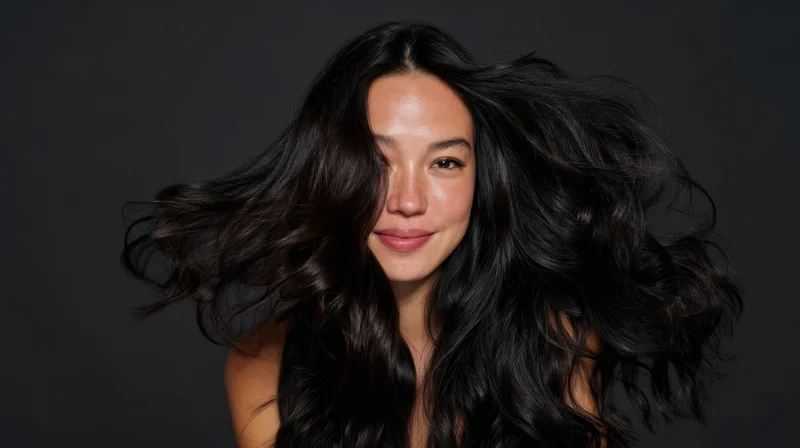 Woman with long flowing black hair smiling in studio portrait