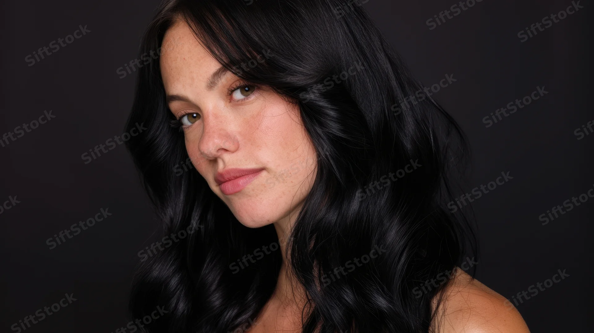 Woman with long wavy black hair posing in studio portrait