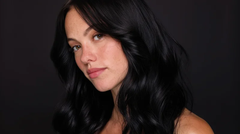 Woman with long wavy black hair posing in studio portrait