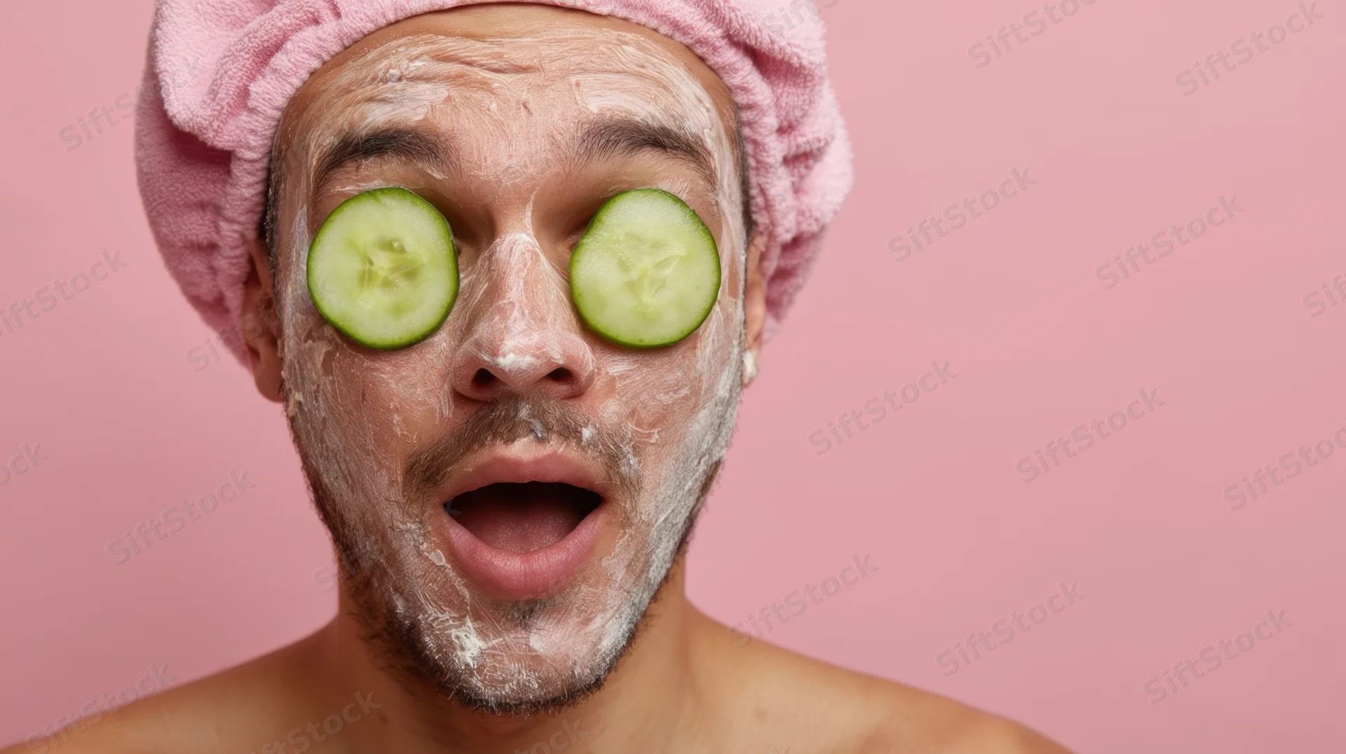 Young man with cucumber slices over eyes and facial mask, wearing pink towel on head against pink background