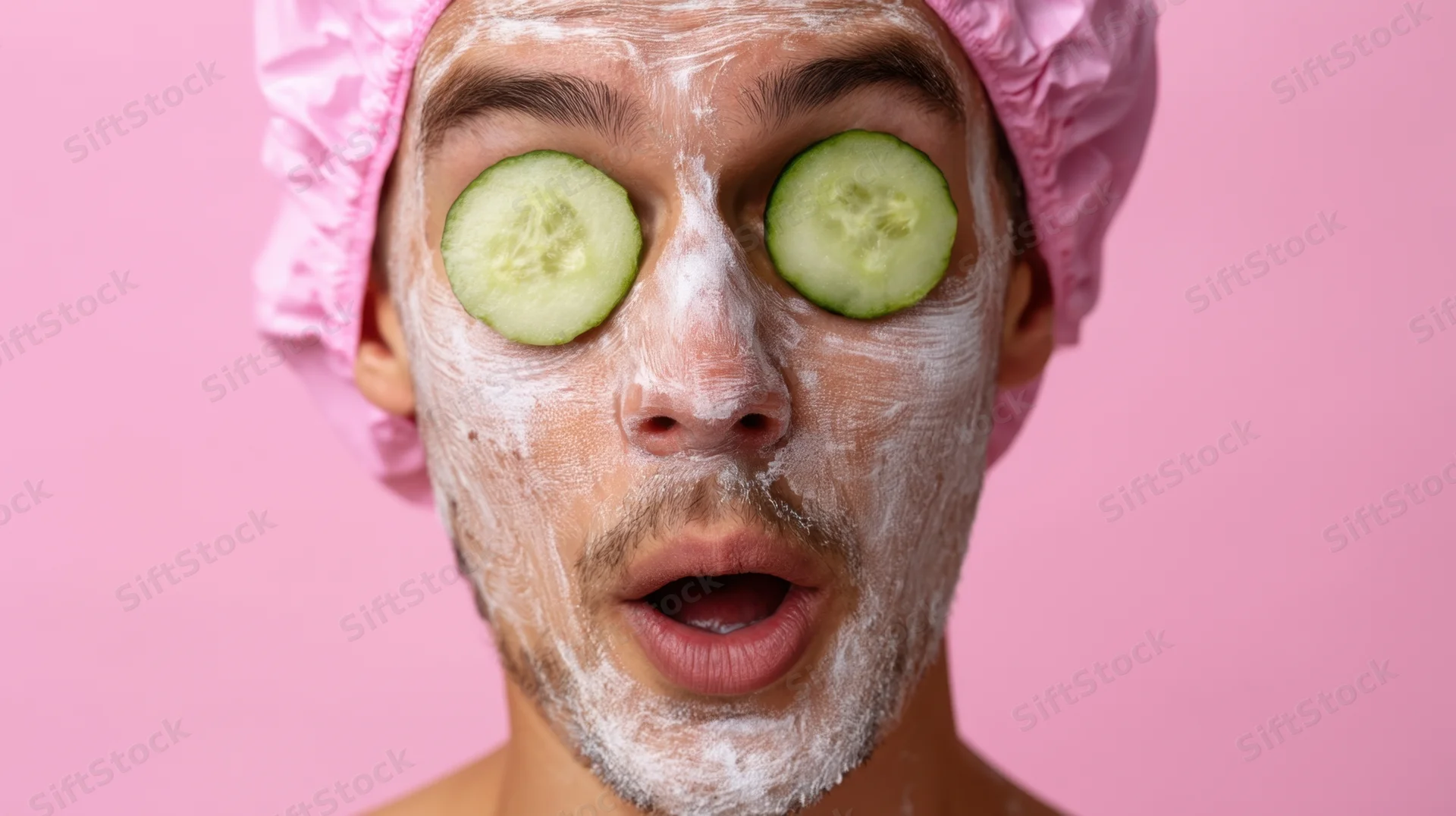 Young man with cucumber slices over eyes and white facial mask, wearing pink shower cap against pink background
