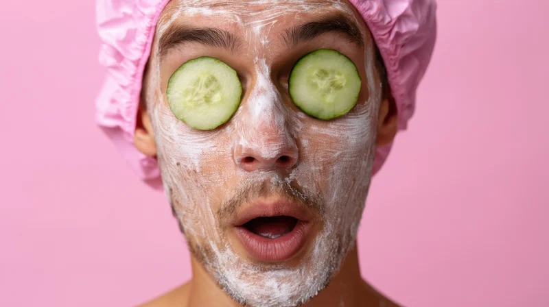 Young man with cucumber slices over eyes and white facial mask, wearing pink shower cap against pink background