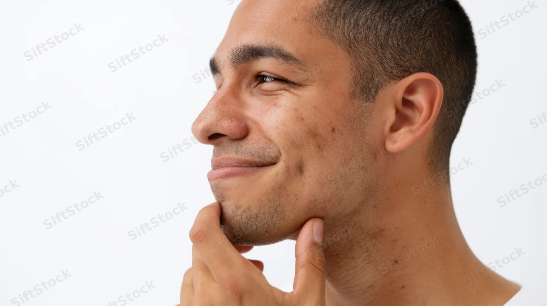 Young hispanic man smiling in profile with hand on chin against white background