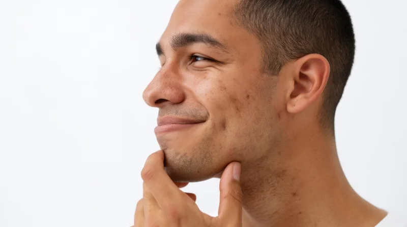 Young hispanic man smiling in profile with hand on chin against white background