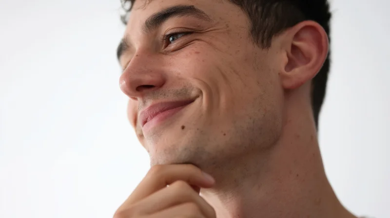 Young man smiling with hand on chin in studio portrait