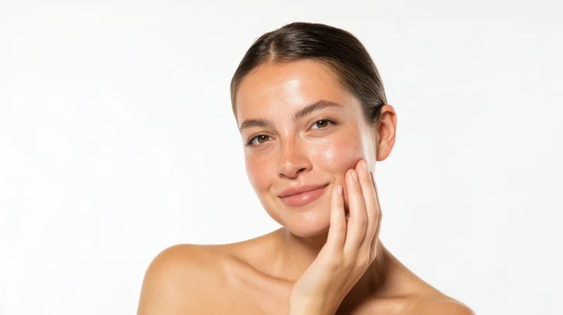 Young woman touching her face with hand, showing smooth skin against white background