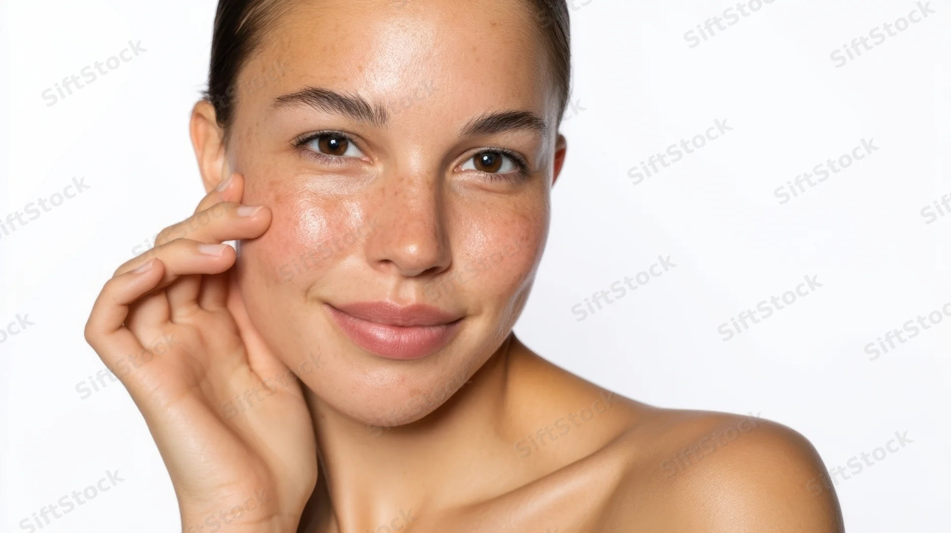 Young woman touching her cheek with a soft smile against a white background