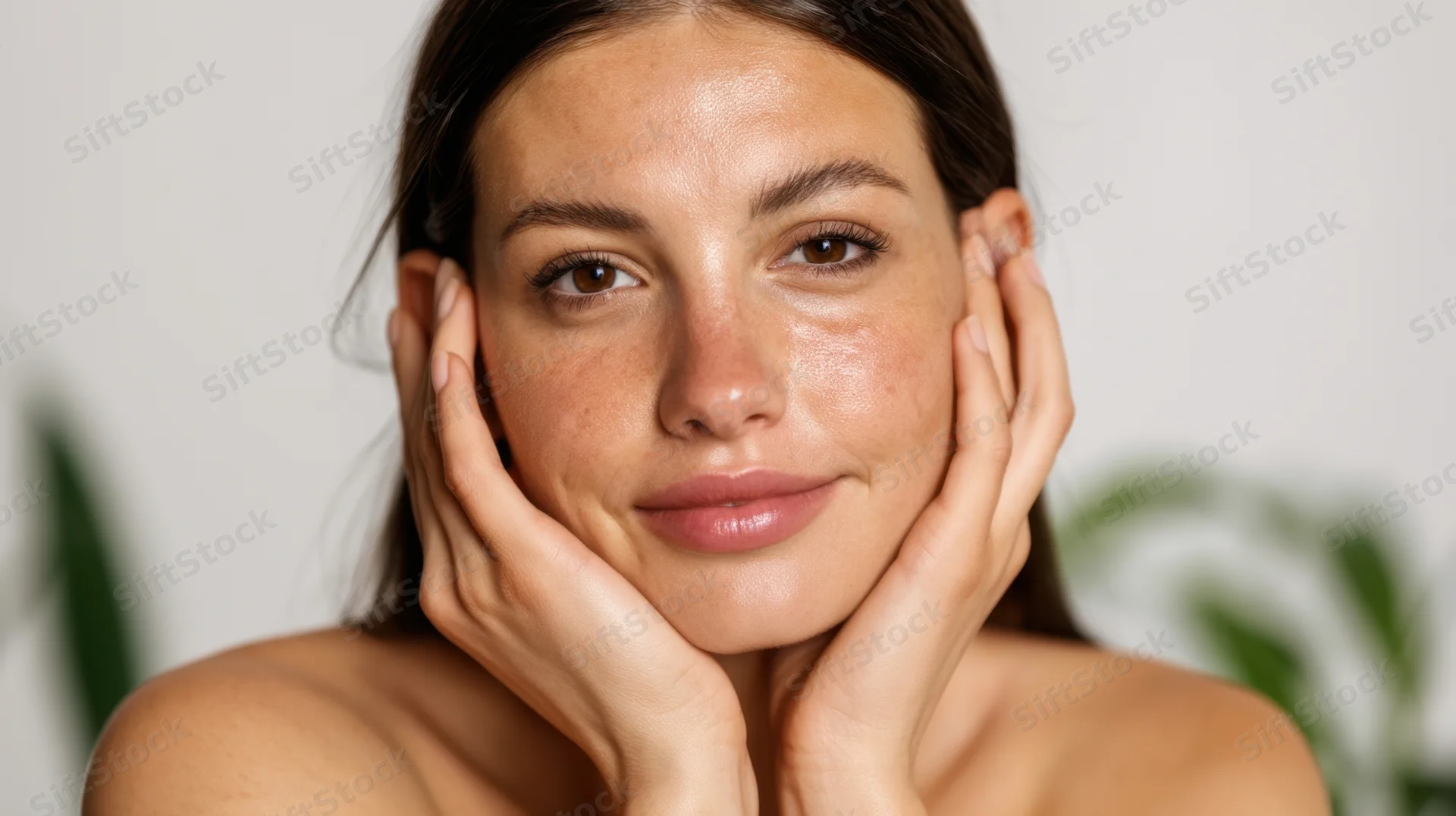 Young woman touching her face with hands, showing natural glowing skin