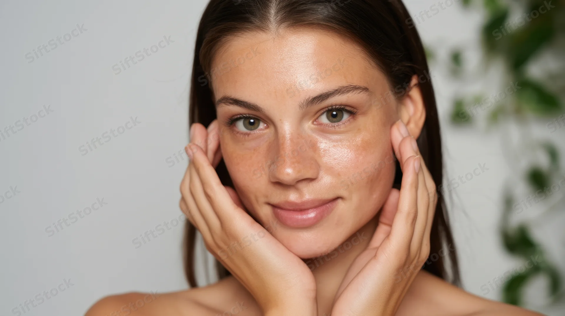 Young woman touching her face with hands, showing clear glowing skin in a studio setting