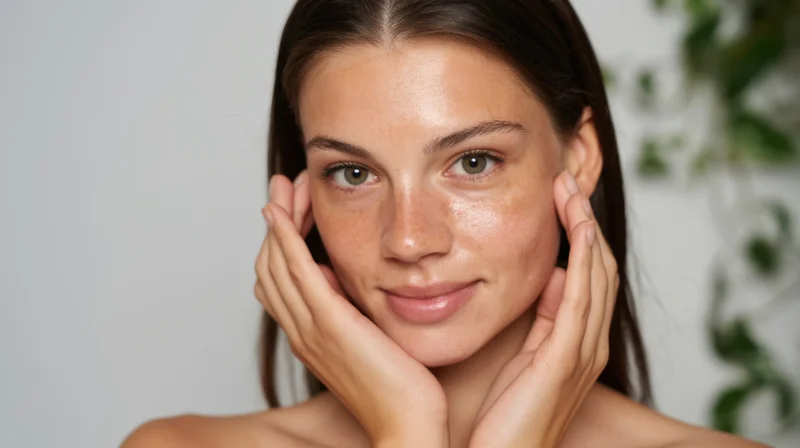 Young woman touching her face with hands, showing clear glowing skin in a studio setting