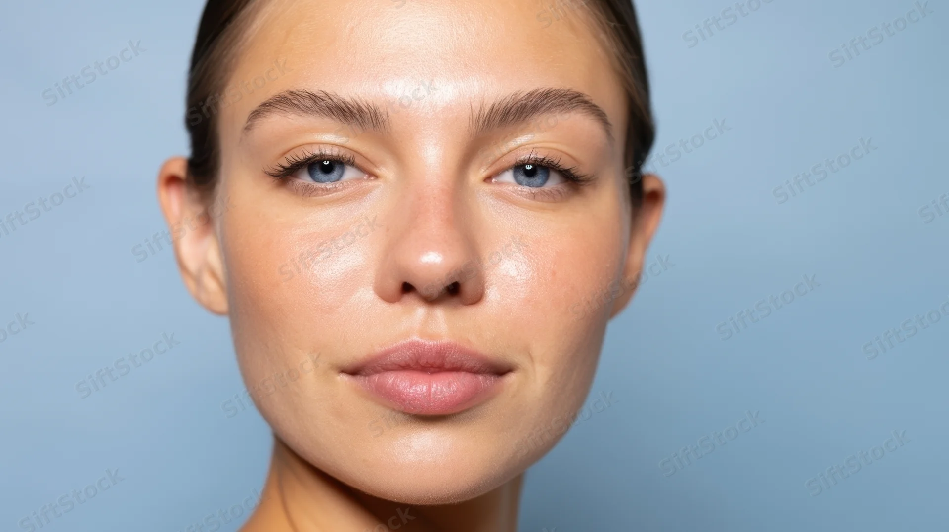 Closeup portrait of a young woman with smooth glowing skin against a light blue background
