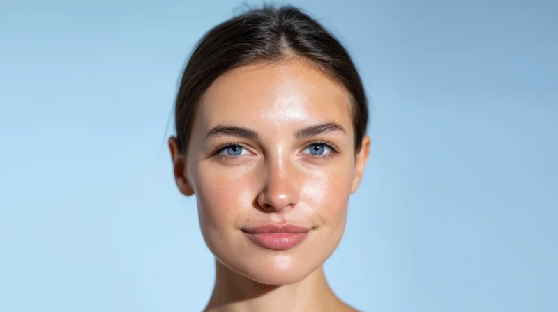 Young woman with clear skin and blue eyes in a studio portrait against a plain light blue background