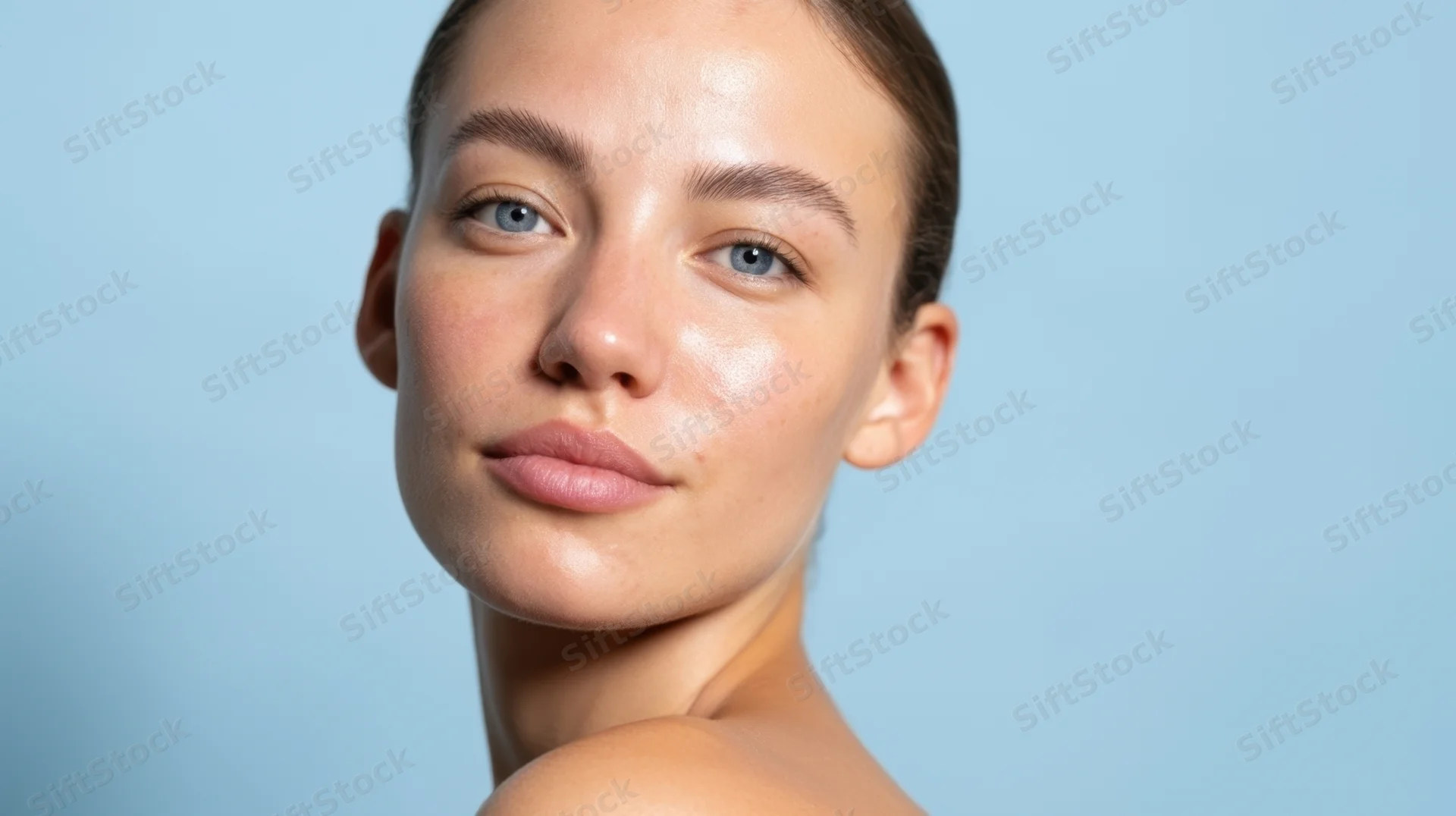 Young woman with clear skin in studio portrait against blue background