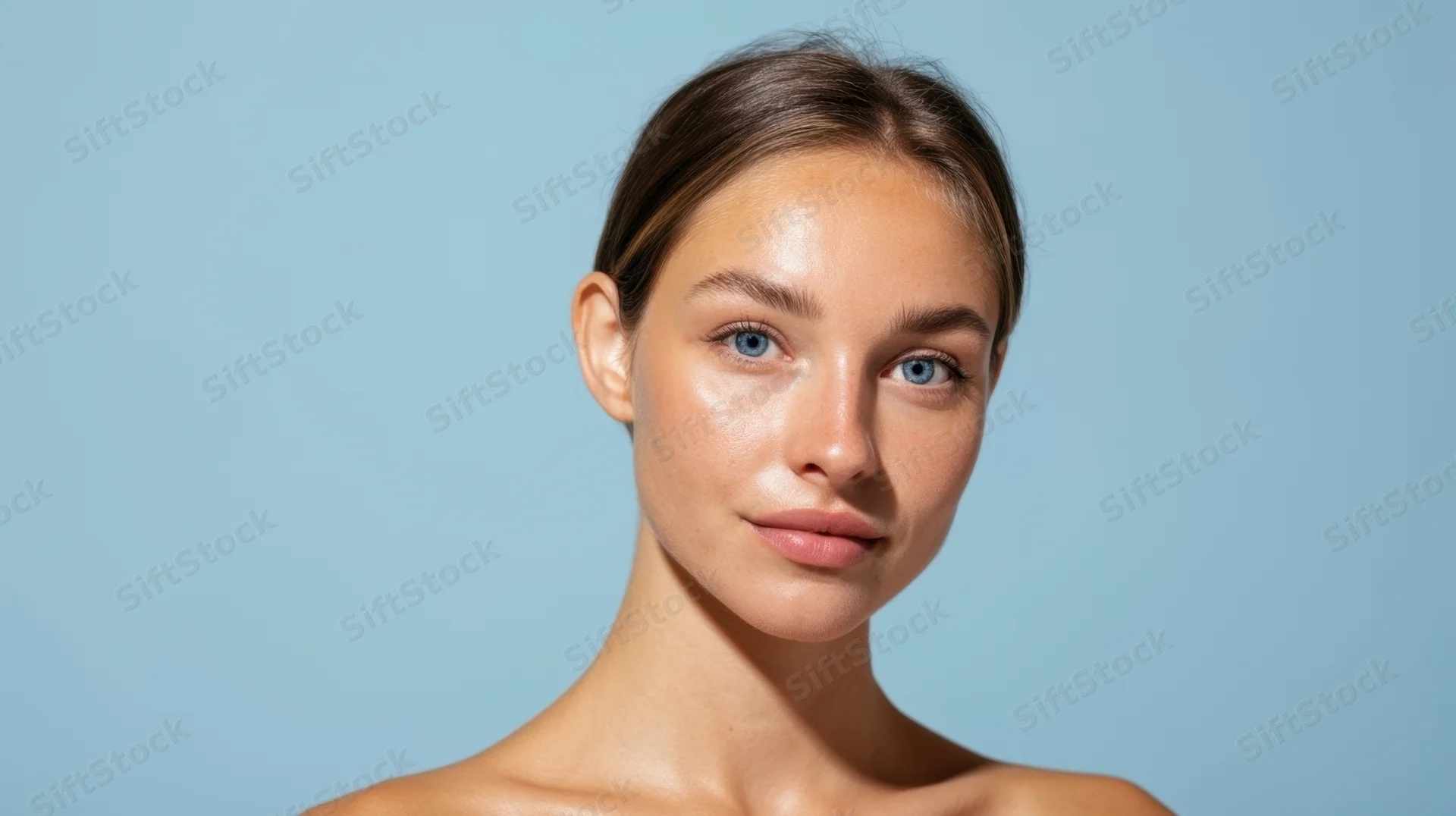 Young woman with clear skin and blue eyes in studio portrait against blue background