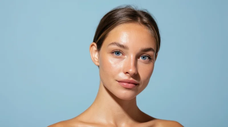 Young woman with clear skin and blue eyes in studio portrait against blue background