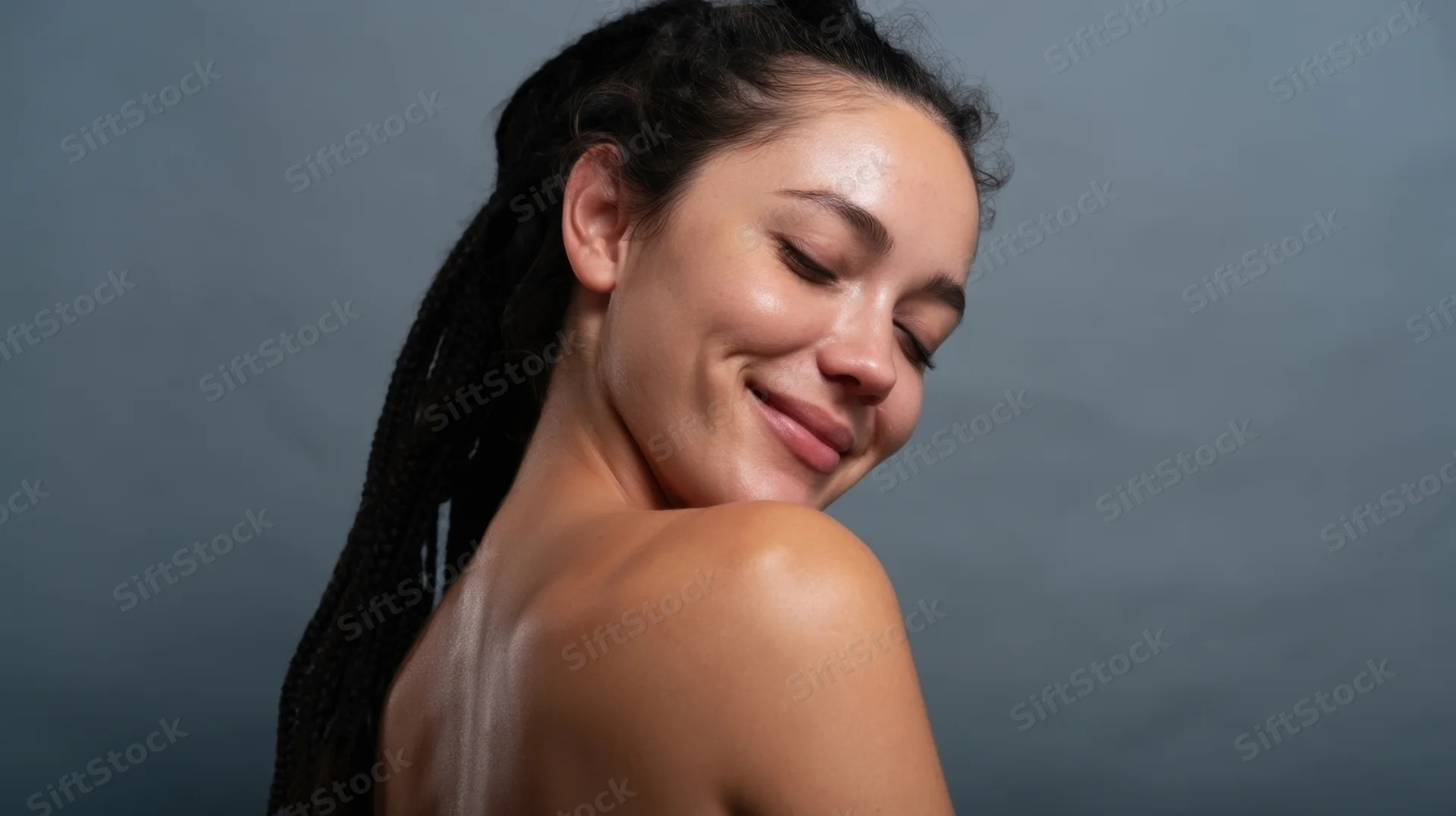 Young woman smiling with braided hair in studio portrait, side profile view showing shoulder and neck