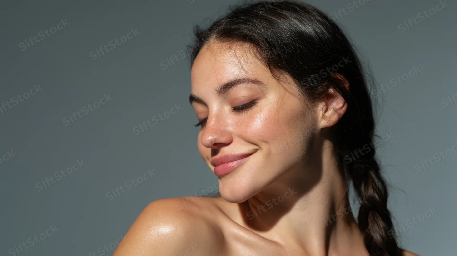 Young woman smiling with braided hair in studio portrait