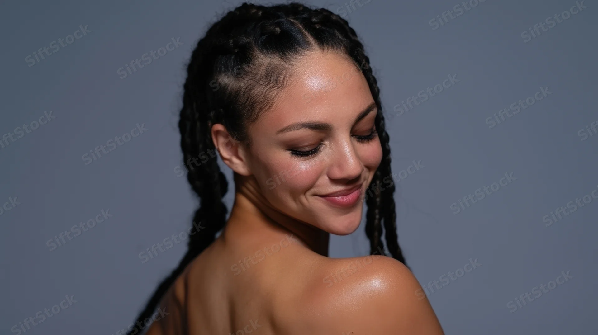 Young woman with braided hair smiling in profile against gray background