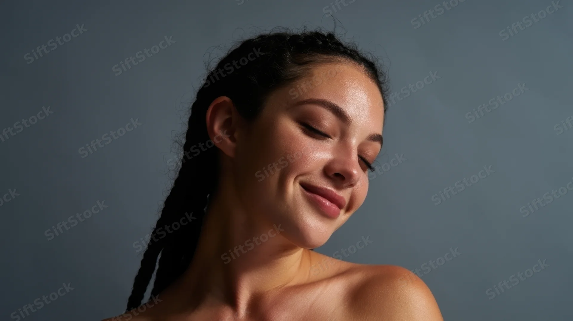 Young woman with braided hair smiling with closed eyes in studio portrait