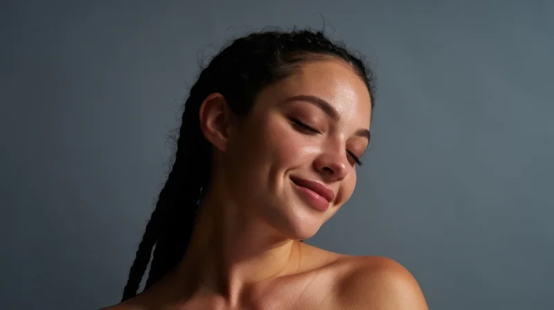 Young woman with braided hair smiling with closed eyes in studio portrait