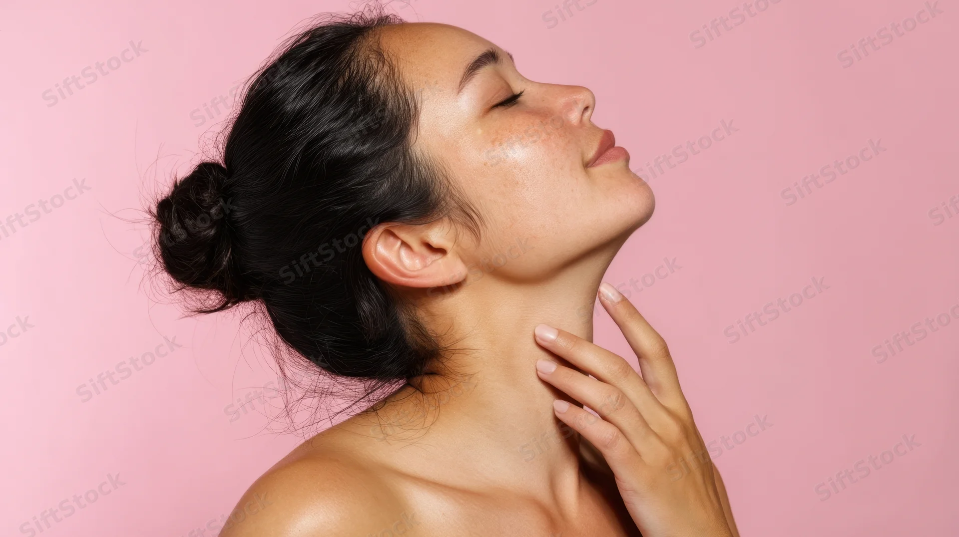 Young asian woman touching her neck with hand, eyes closed, against pink background
