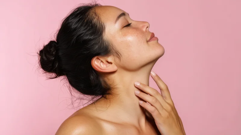 Young asian woman touching her neck with hand, eyes closed, against pink background
