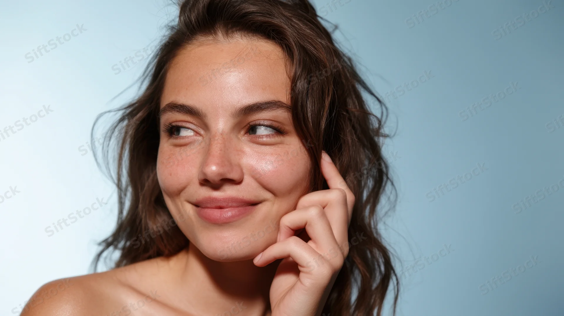 Young woman smiling with hand touching cheek against blue background