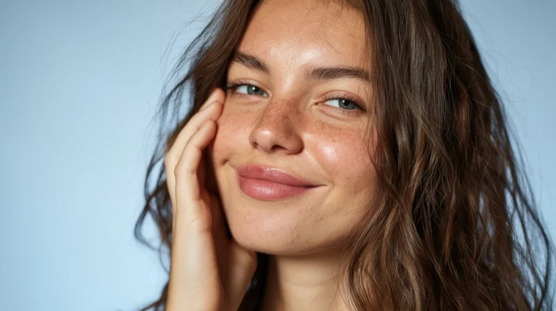 Young woman smiling with hand on cheek in studio portrait