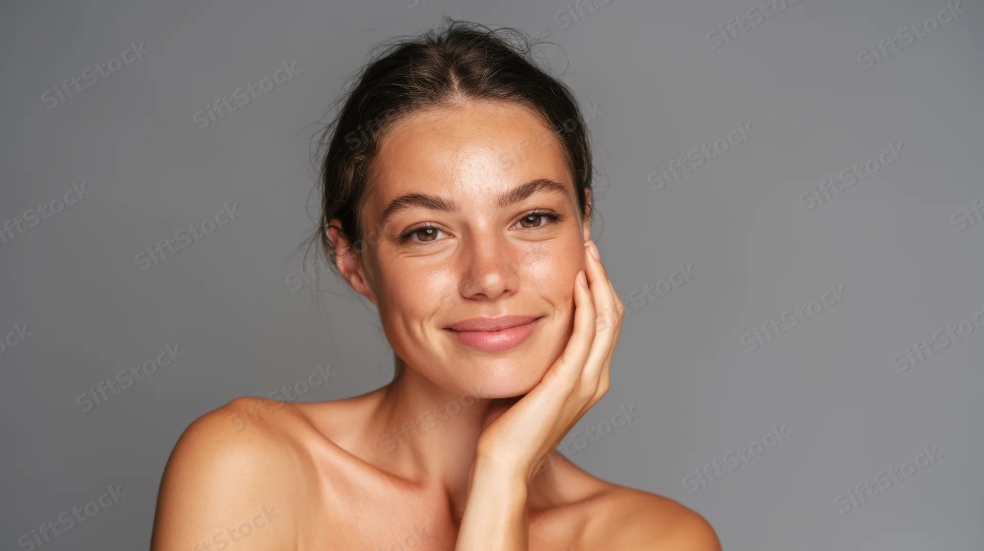Young woman smiling with hand on cheek in studio portrait