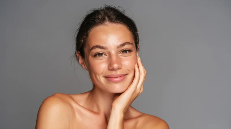 Young woman smiling with hand on cheek in studio portrait